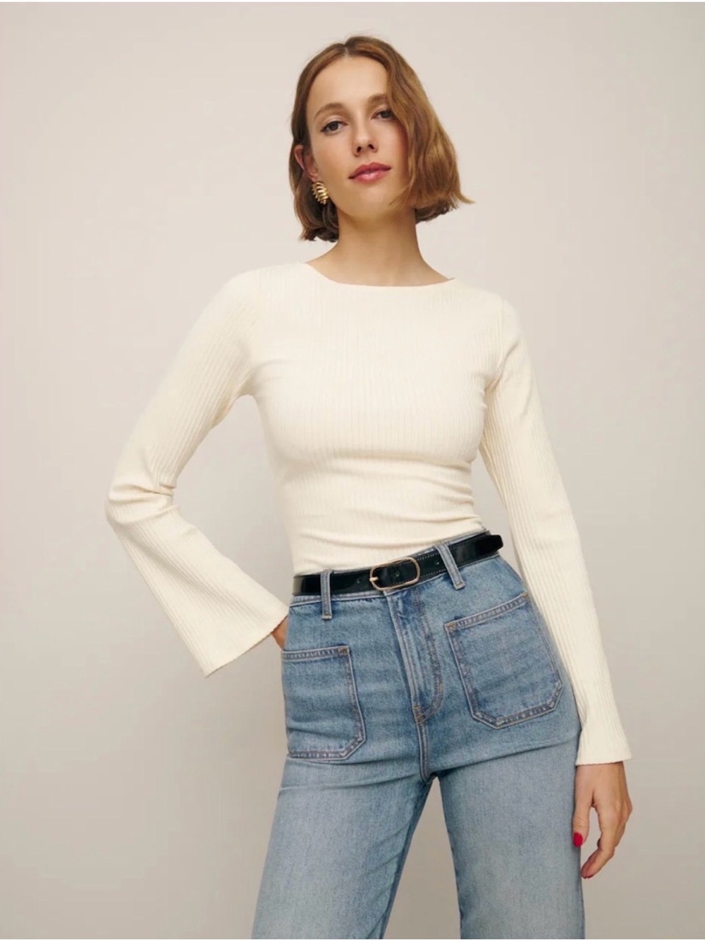Reformation Miller Cream Ribbed Knit Bell Sleeve Fitted Top Women’s XS 90s Chic